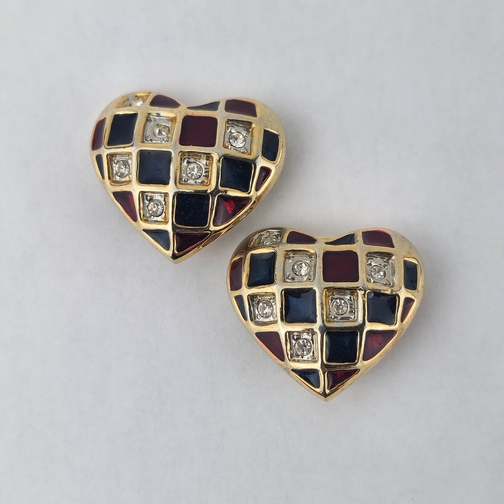 Vintage Puffy Heart Clip On‎ Earrings Red Navy Enamel Rhinestone Gold Tone Dome
